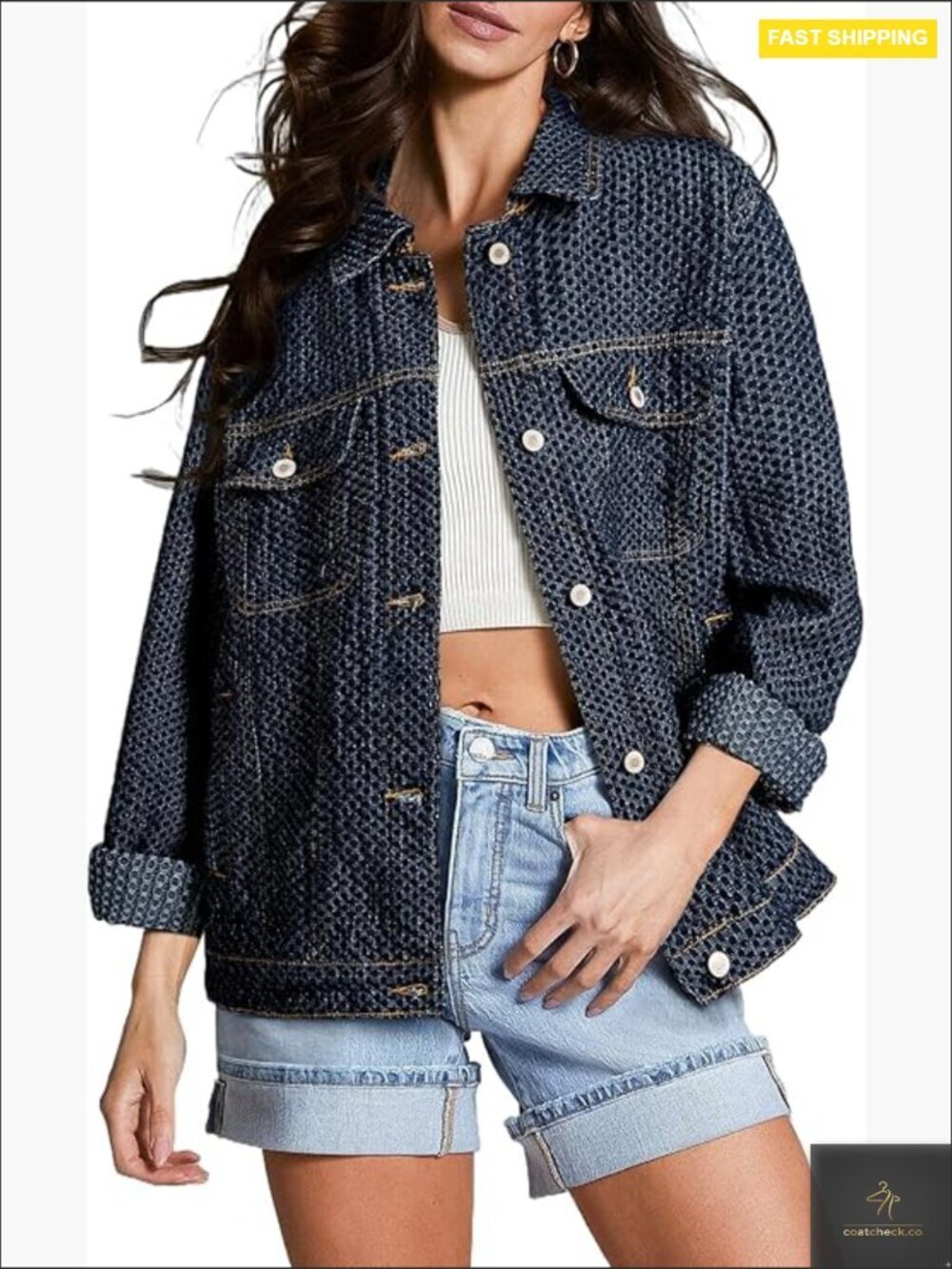Oversized Boyfriend Denim Jacket Textured Long Sleeve Button Up Classic Chic